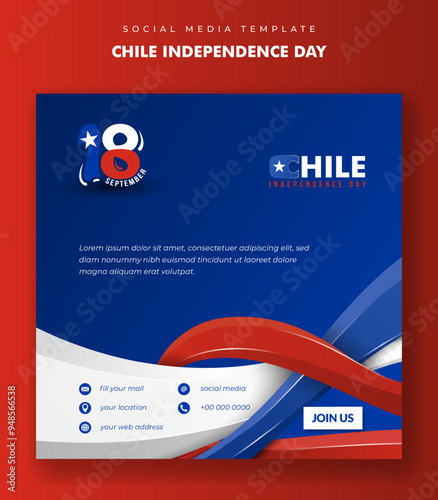 Square banner post template with wavy 3d blue red white shape. chile independence day