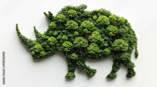 Aerial view of a rhino-shaped forest on a white background showcasing nature's creativity