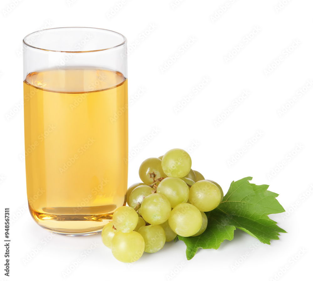 Tasty juice in glass, fresh grapes and leaf isolated on white Tasty juice in glass, fresh grapes and leaf isolated on white