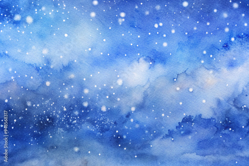 Snow falling gently in a serene blue watercolor sky