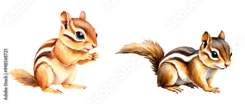 Watercolor Chipmunk Clipart Set with Isolated Background. A versatile set of chipmunk illustrations in watercolor, graphic design, stationery, and more, with easy-to-use isolated backgrounds.