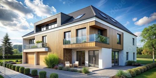 Passivhaus exterior in a new residential area, Eco-friendly, energy efficient, sustainable