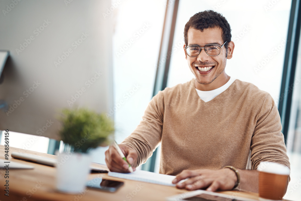 Business man, portrait and notebook for writing notes, planning and drawing sketch with glasses. Graphic designer, technology and design in office for digital agency, project or website with pen Business man, portrait and notebook for writing notes, planning and drawing sketch with glasses. Graphic designer, technology and design in office for digital agency, project or website with pen