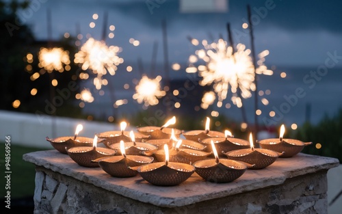 Bright Diya Lamps with Sparkler Background photo