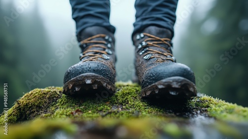 A close-up image of mud-covered hiking boots perched on a mossy rock, conveying a sense of adventure, nature exploration, and the thrill of outdoor activities. photo