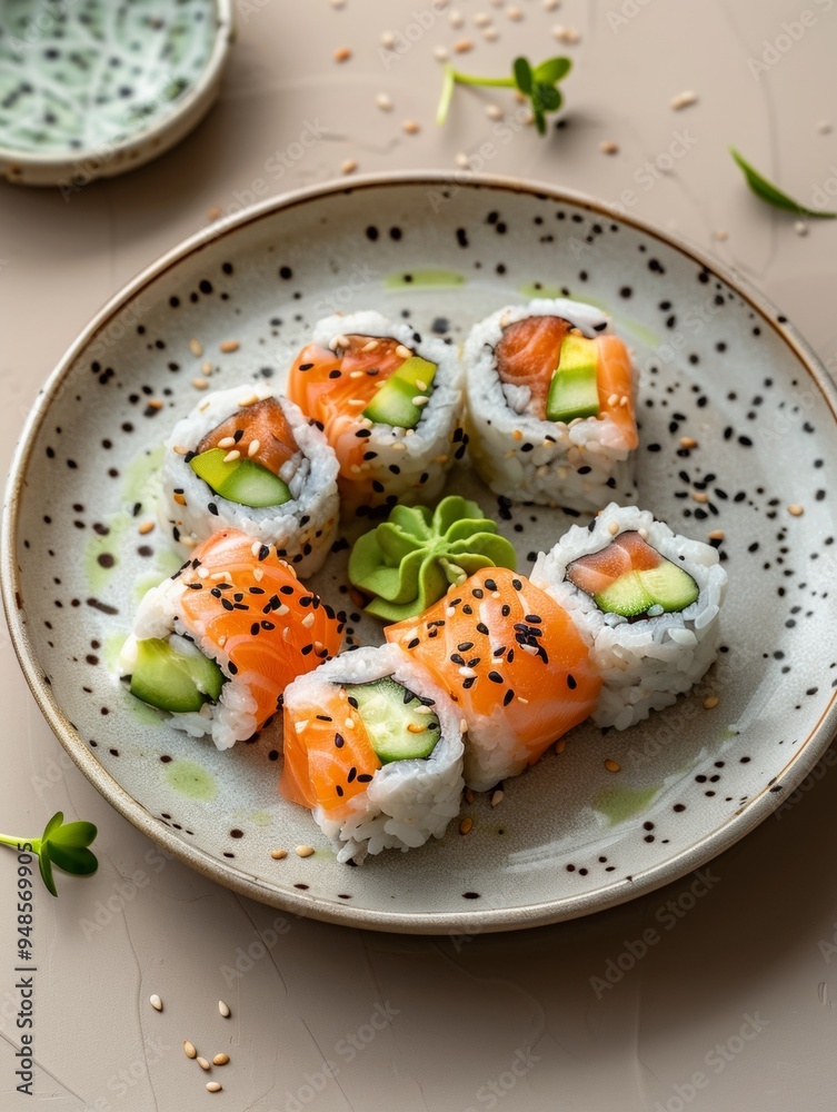 Close Up of Delicious Salmon Sushi Rolls with Cucumber and Sesame Seeds