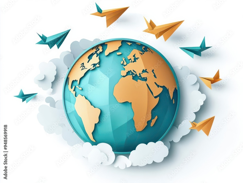 Naklejka premium A illustration in Paper cut art globe with paper airplanes flying around it