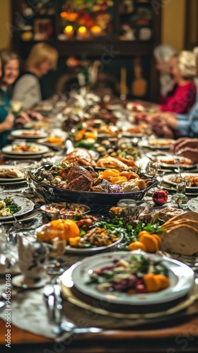 A joyful family enjoys a meal together, surrounded by a bountiful display of seasonal dishes and decorations for the holiday