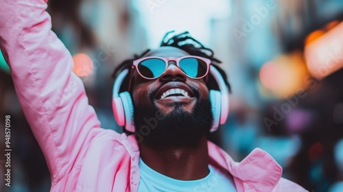 Individual wearing headphones and a pink jacket, captured outdoors in an urban setting, soaking in the music amidst a street with blurred lights in the background. photo