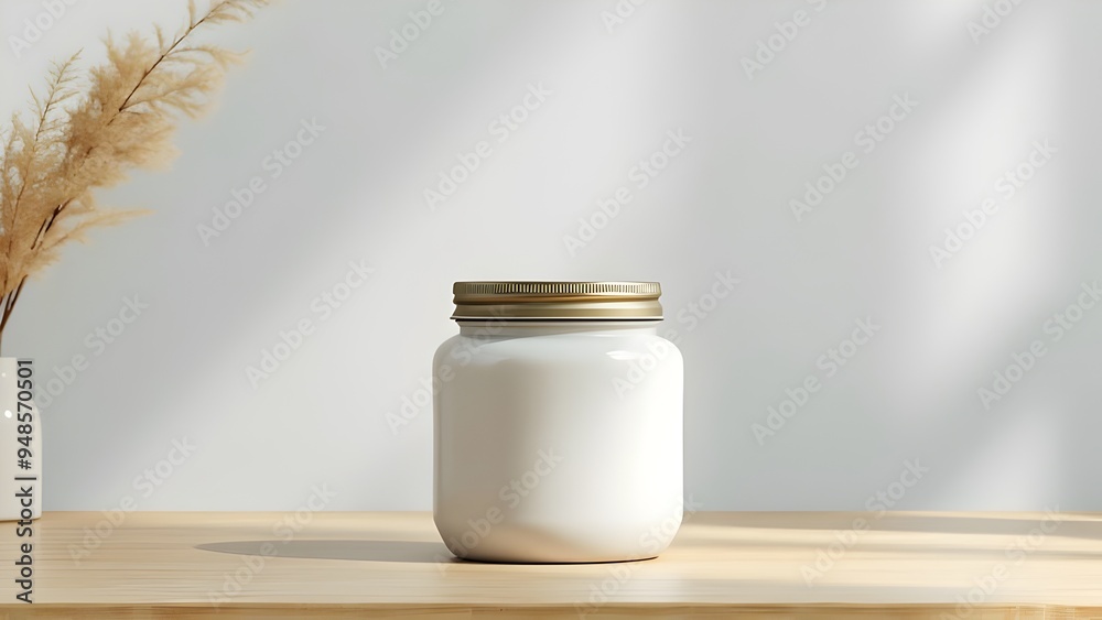 White jar or container with white space for mockup with golden lid plastic packaging herbal cream product for beauty care White jar or container with white space for mockup with golden lid plastic packaging herbal cream product for beauty care