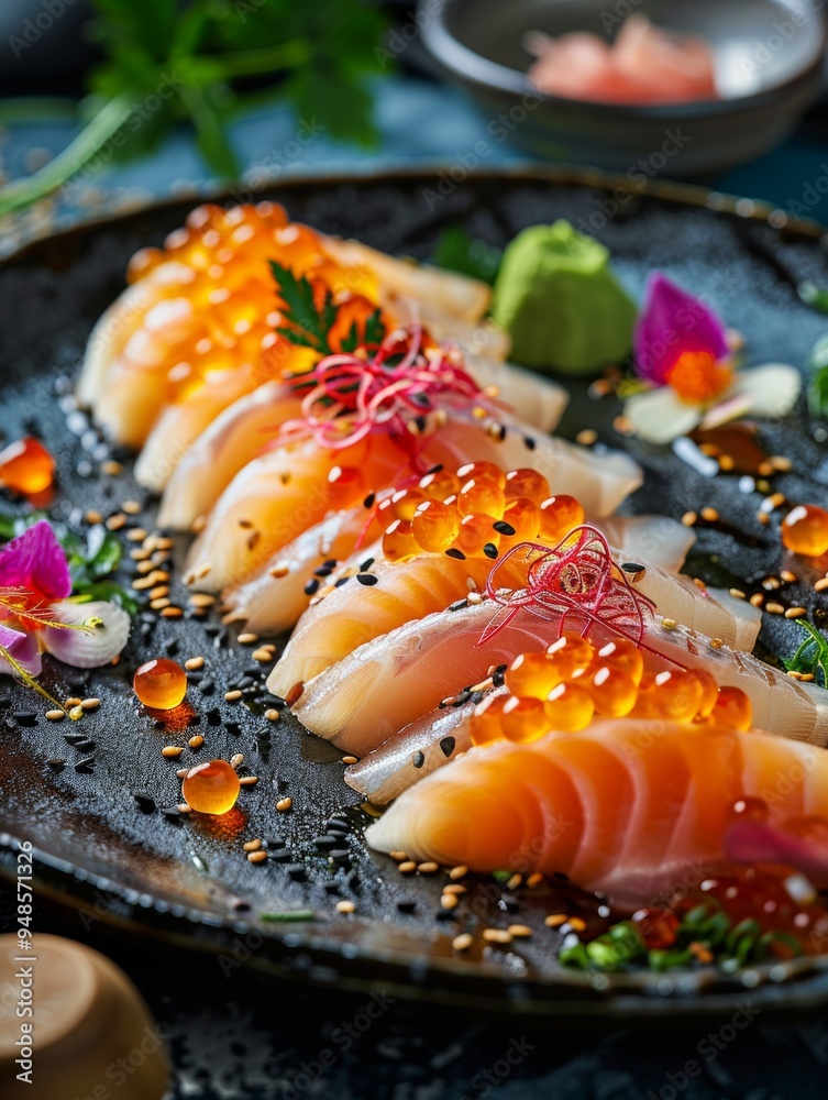 Delicious Salmon Sashimi with Red Caviar and Black Sesame Delicious Salmon Sashimi with Red Caviar and Black Sesame