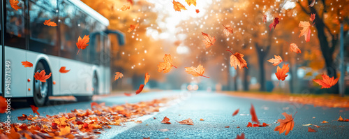 bus moving on beautiful asphalt road with dividing lines with many colourful autumn maple leaves falling from the trees in park