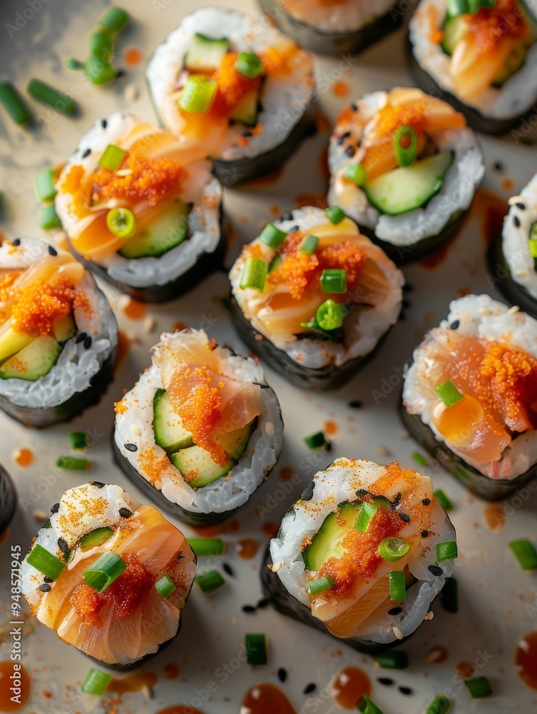 Delicious Salmon Sushi Rolls with Cucumber and Toppings Delicious Salmon Sushi Rolls with Cucumber and Toppings