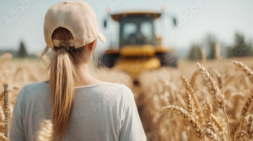 A farmer in casual attire stands with their back facing the camera, looking towards a yellow tractor in a field of grain, symbolizing agricultural labor and dedication.