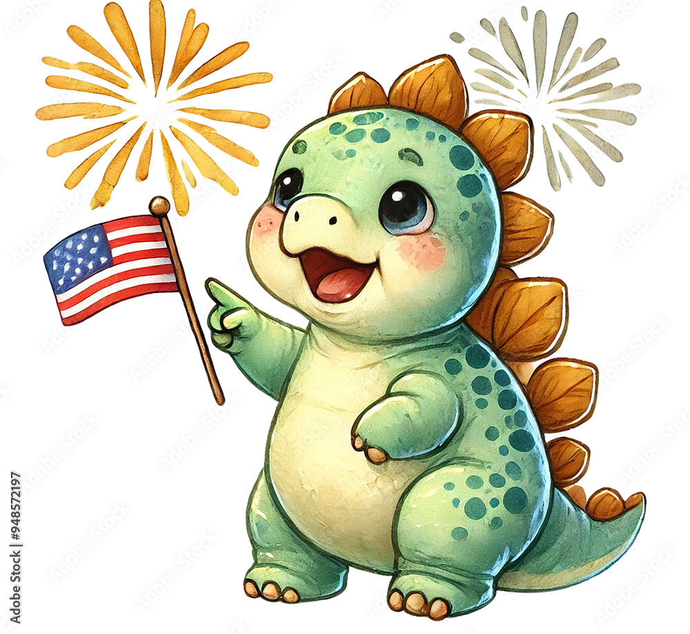 Fototapeta premium chubby baby Stegosaurus pointing excitedly at the fireworks
