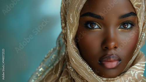 Portrait of a beautiful black Muslim woman wearing an elegant headscarf in a serene setting photo