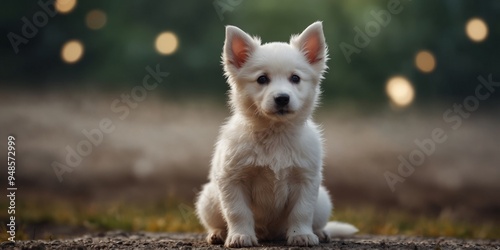 Adorable White Puppy Sitting and Looking Away. photo