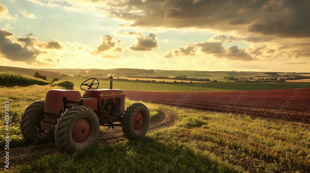 Fototapeta premium 184. **A traditional farm landscape with a vintage tractor and fields of crops.