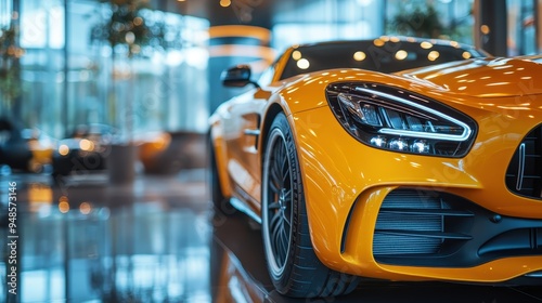 Close-up of a stylish yellow sports car in a modern showroom with sleek design and polished lighting, highlighting luxury and performance.