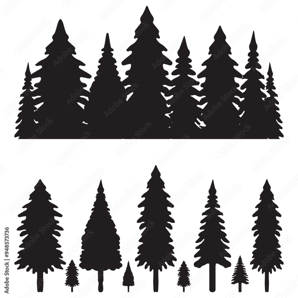 Obraz premium Beautiful hand drawn forest fir trees silhouettes, coniferous spruce horizontal background pattern, forest tree vector