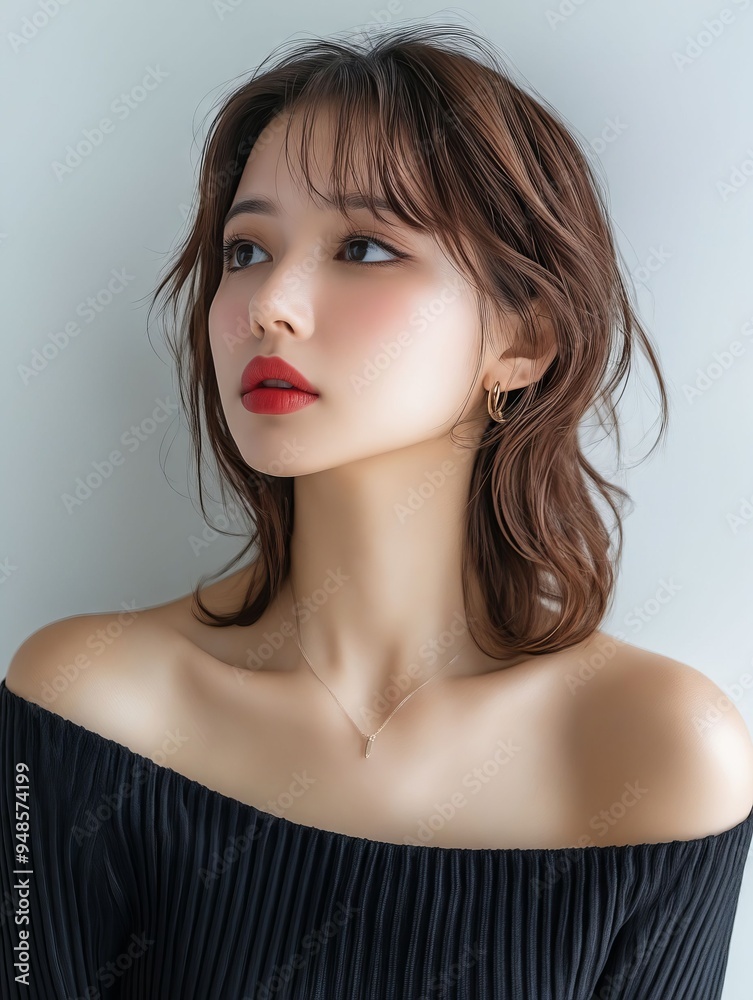 A woman wearing a black top and a gold necklace A woman wearing a black top and a gold necklace