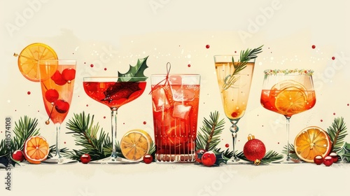 Festive Christmas cocktails featuring colorful garnishes and mid-century illustration style