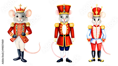 Set of Mouse King Characters from The Nutcracker, Watercolor Clipart Illustration, Transparent Background PNG, Royal Mice in Red Uniforms, Holiday Themed Art, Christmas Designs and Decorations.