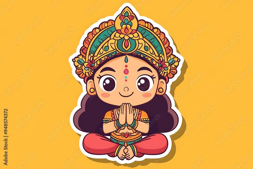 Divine Hindu Deity Chibi Cartoon in Radiant Halo Blessing Gesture on Saffron Yellow Sticker Design Divine Hindu Deity Chibi Cartoon in Radiant Halo Blessing Gesture on Saffron Yellow Sticker Design