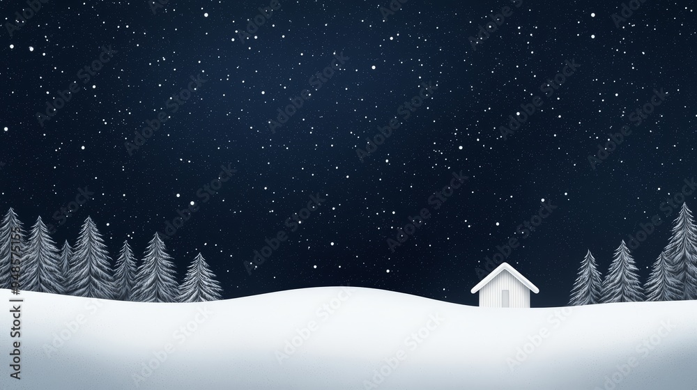 A tranquil winter landscape featuring a snow-covered field, a small house, and a starry night sky. A tranquil winter landscape featuring a snow-covered field, a small house, and a starry night sky.