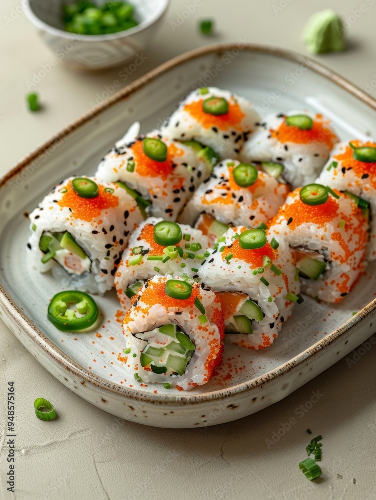Delicious Sushi Rolls with Crab, Cucumber, and Avocado Delicious Sushi Rolls with Crab, Cucumber, and Avocado