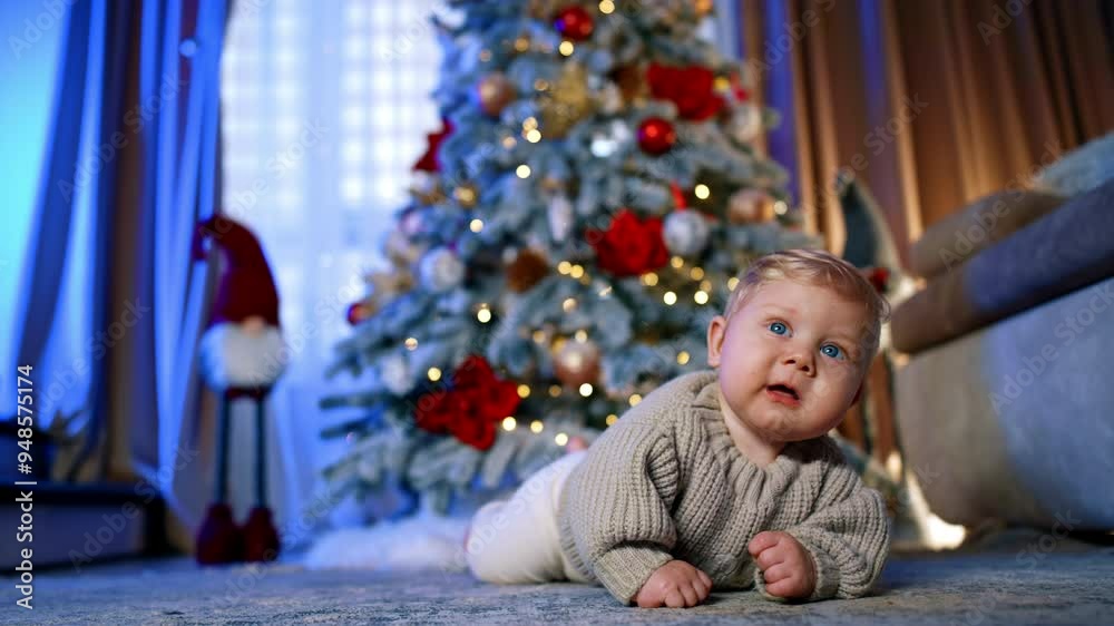 Cute blond baby lies on the floor near the Christmas tree. Little kid looks up with interest. Cute blond baby lies on the floor near the Christmas tree. Little kid looks up with interest.