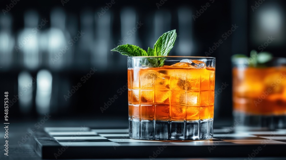 A close-up of a glass filled with an iced beverage, garnished with fresh mint leaves, captured in a dimly lit bar setting, evoking a sense of refreshment and relaxation. A close-up of a glass filled with an iced beverage, garnished with fresh mint leaves, captured in a dimly lit bar setting, evoking a sense of refreshment and relaxation.