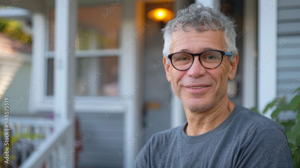 middle aged man with glasses in front of his house middle aged man with glasses in front of his house