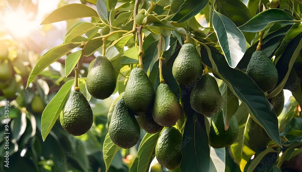 A lush avocado tree bearing ripe, green avocados, with the fruits hanging heavily from the branches A lush avocado tree bearing ripe, green avocados, with the fruits hanging heavily from the branches