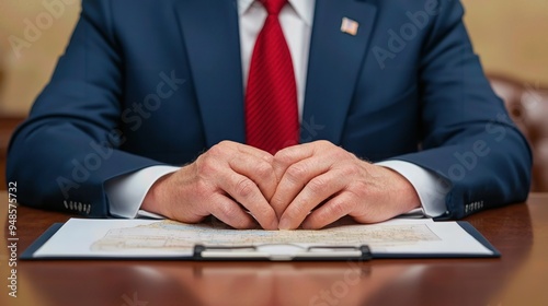 A close-up of hands resting on a document, symbolizing leadership and decision-making in a professional setting.