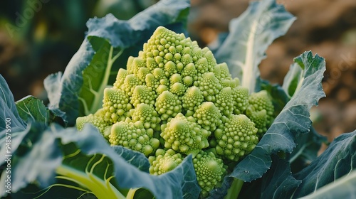 Close-up of a green romanesco cauliflower in a field photo