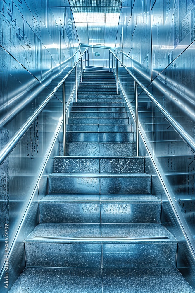A staircase in the entrance of an art museum, with a stainless steel handrail and steps A staircase in the entrance of an art museum, with a stainless steel handrail and steps