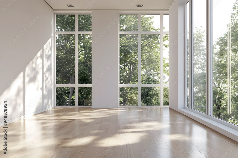 Obraz premium Empty High Ceiling Room with White Big Windows, Wooden Floor and White Walls interior design mock up