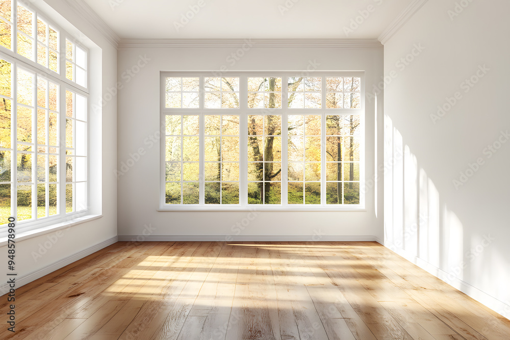 Fototapeta premium Empty High Ceiling Room with White Big Windows, Wooden Floor and White Walls interior design mock up
