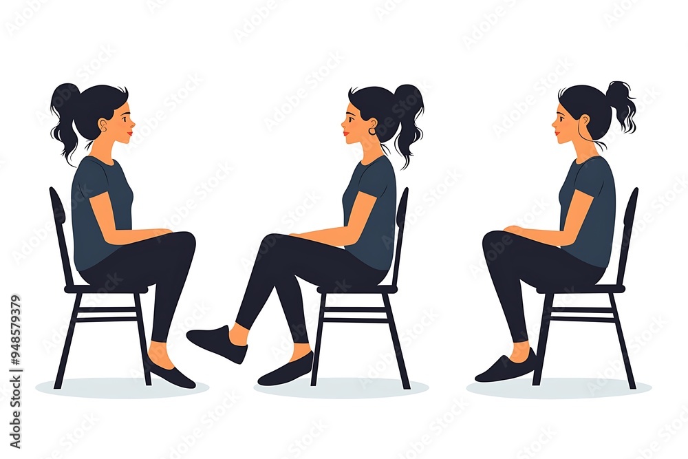 Minimalistic Flat Vector Illustration of Woman Sitting on Chair in Side View with Simple Shapes and Lines on White Background Minimalistic Flat Vector Illustration of Woman Sitting on Chair in Side View with Simple Shapes and Lines on White Background