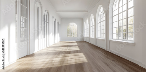 Empty High Ceiling Room with White Big Windows, Wooden Floor and White Walls interior design mock up