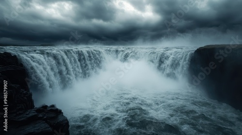 A dramatic scene of a voluminous waterfall cascading under a stormy, overcast sky, exuding power and the untamed beauty of nature at its most awe-inspiring. photo