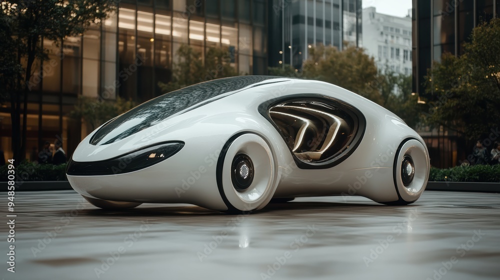 Obraz premium A sleek white futuristic concept car with a unique design, displayed in a modern urban environment, emphasizing advanced automotive technology.
