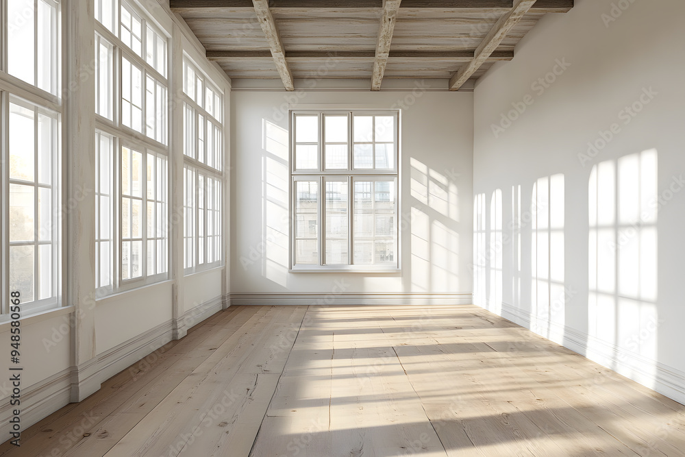 Obraz premium Empty High Ceiling Room with White Big Windows, Wooden Floor and White Walls interior design mock up