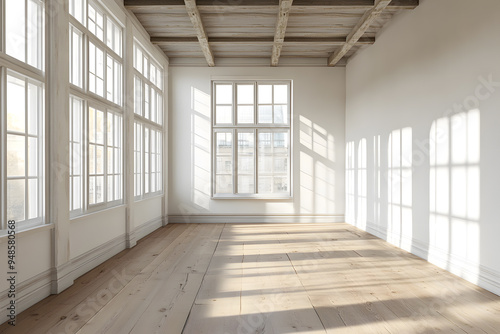 Empty High Ceiling Room with White Big Windows, Wooden Floor and White Walls interior design mock up