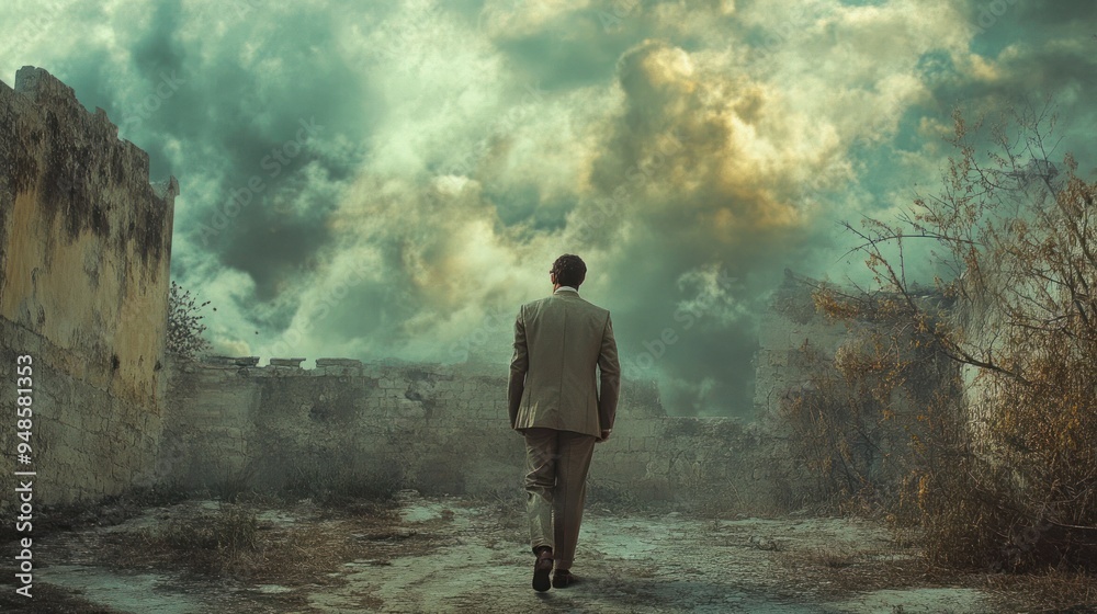 A solitary figure walks through a desolate landscape A solitary figure walks through a desolate landscape
