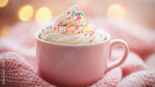 Pink Mug with Whipped Cream and Sprinkles on a Knit Blanket