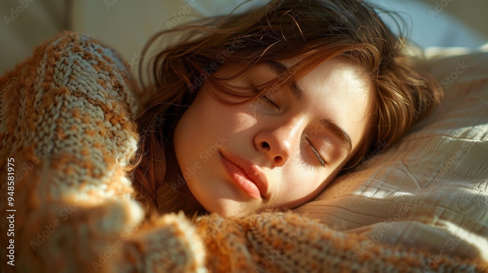 Cozy young woman relaxing with a soft pillow in a warm, peaceful bedroom while preparing for sleep Cozy young woman relaxing with a soft pillow in a warm, peaceful bedroom while preparing for sleep