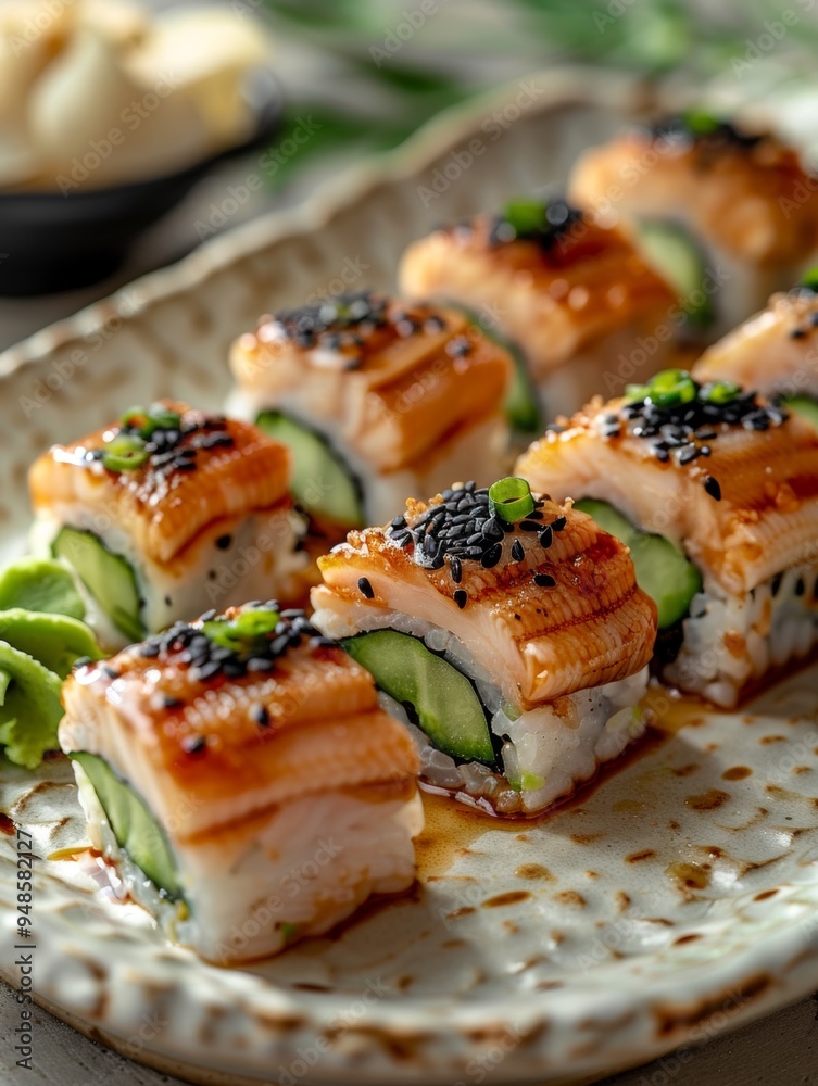 Close Up of Delicious Japanese Sushi Rolls with Grilled Eel and Cucumber Close Up of Delicious Japanese Sushi Rolls with Grilled Eel and Cucumber