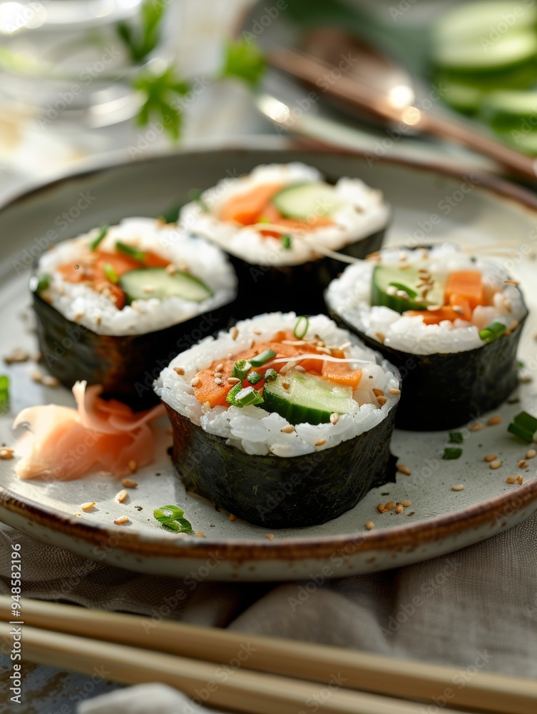 Delicious Vegetable Sushi Rolls with Cucumber and Ginger Delicious Vegetable Sushi Rolls with Cucumber and Ginger